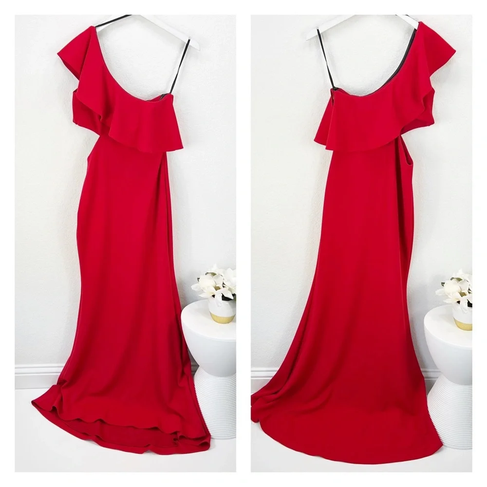 Red One-Shoulder Ruffle Evening Dress - Picture 1 of 7